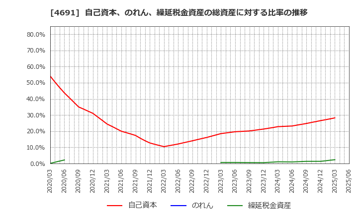 4691 ワシントンホテル(株): 自己資本、のれん、繰延税金資産の総資産に対する比率の推移